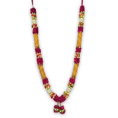 Handmade Magenta Ribbon Mala with Gold-Orange Beaded Sections & Pearl Balls – Premium Pooja Garland, 22 Inch primary image