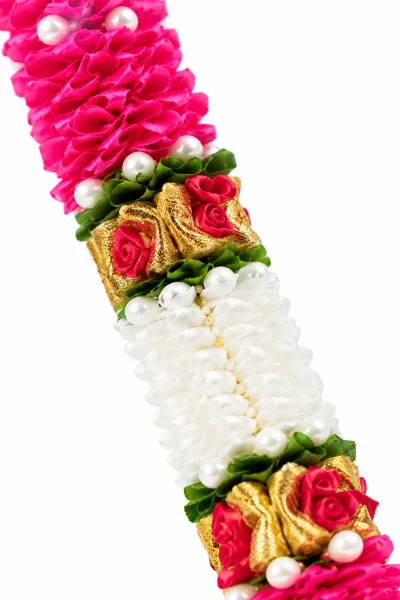 Handmade Pink & Ivory Ribbon Mala – Gold Rose Motif Pooja Garland with Pearl Accents, 22 Inch