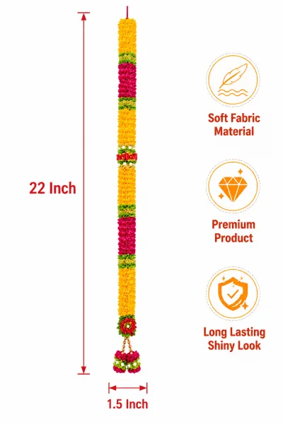 Handmade Marigold Yellow & Pink Ribbon Mala – Red Rose Bow Pooja Garland with Pearl Accents, 22 Inch alternate view
