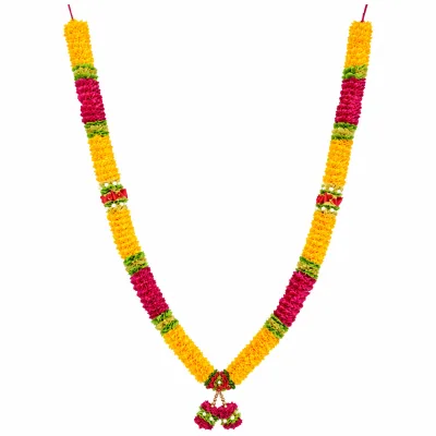 Handmade Marigold Yellow & Pink Ribbon Mala – Red Rose Bow Pooja Garland with Pearl Accents, 22 Inch primary image