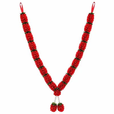 Handmade Red Ribbon Rosette Mala – Green Leaf Divider Pooja Garland with Pearl Tassel, 22 Inch