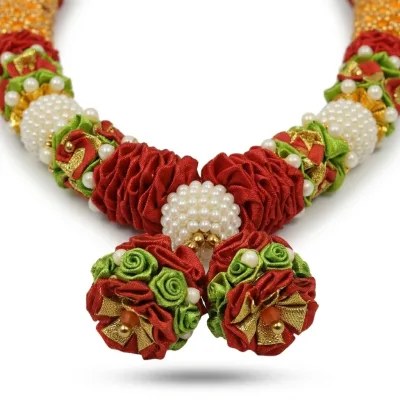 Handmade Red & Orange Beaded Mala with Rose Motifs & Pearl Balls – Premium Pooja Garland, 22 Inch