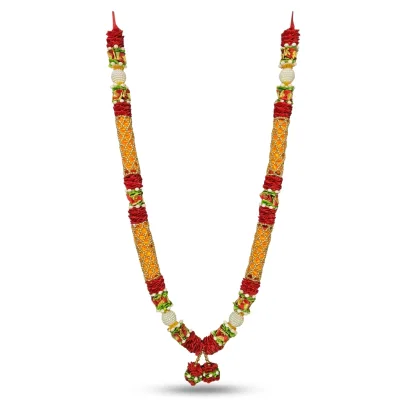 Handmade Red & Orange Beaded Mala with Rose Motifs & Pearl Balls – Premium Pooja Garland, 22 Inch