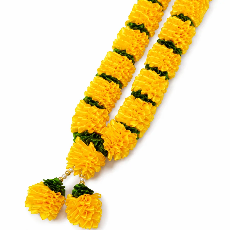 Yellow Green Satin Ribbon Mala 22 Inch Handmade Garland for Pooja Mandir Photo Frame Decoration