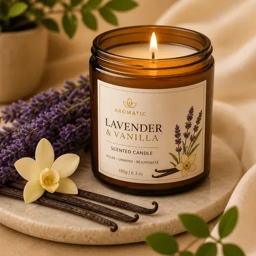 Aromatic Lavender & Vanilla Scented Candle – Handcrafted Soy Wax Candle for Relaxation & Home Decor