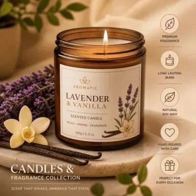 Aromatic Lavender & Vanilla Scented Candle – Handcrafted Soy Wax Candle for Relaxation & Home Decor