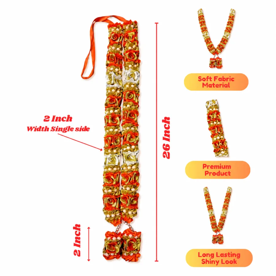 Orange Cream Satin Ribbon Mala 26 Inch Handmade Rose Garland for Pooja Mandir Photo Frame Decoration