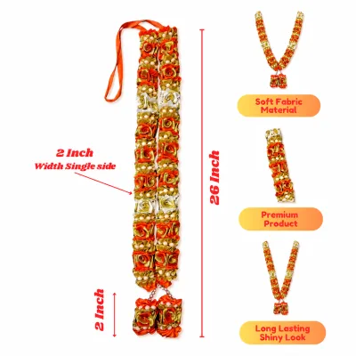Orange Cream Satin Ribbon Mala 26 Inch Handmade Rose Garland for Pooja Mandir Photo Frame Decoration