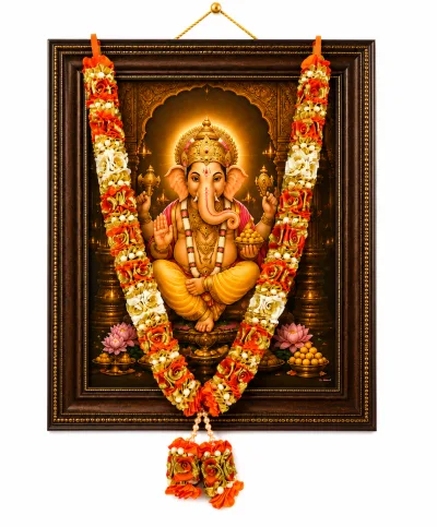 Orange Cream Satin Ribbon Mala 26 Inch Handmade Rose Garland for Pooja Mandir Photo Frame Decoration