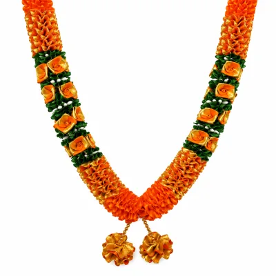 Orange Gold Green Satin Ribbon Mala 26 Inch Handmade Garland for Pooja Mandir Photo Frame Decoration alternate view