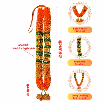Orange Gold Green Satin Ribbon Mala 26 Inch Handmade Garland for Pooja Mandir Photo Frame Decoration
