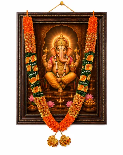 Orange Gold Green Satin Ribbon Mala 26 Inch Handmade Garland for Pooja Mandir Photo Frame Decoration primary image