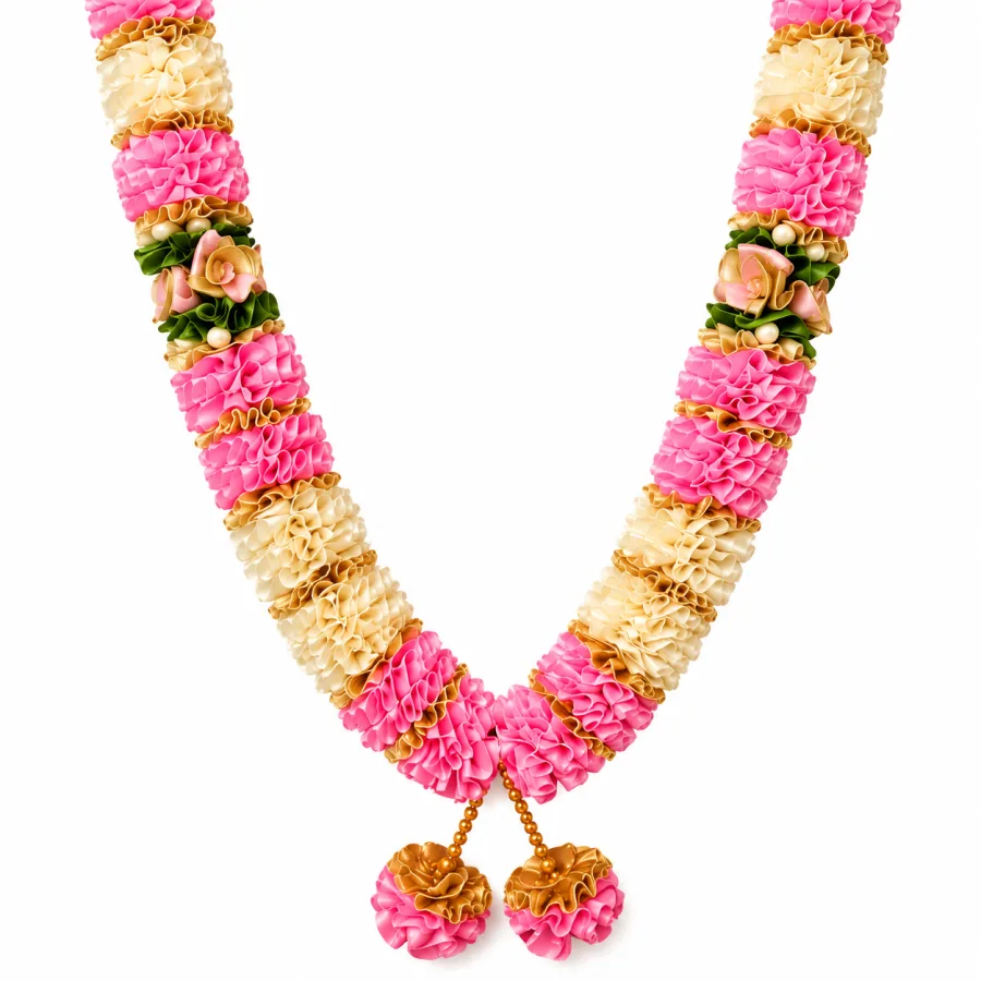 Pink Cream Satin Ribbon Mala 26 Inch Handmade Garland for Pooja Mandir Photo Frame Decoration