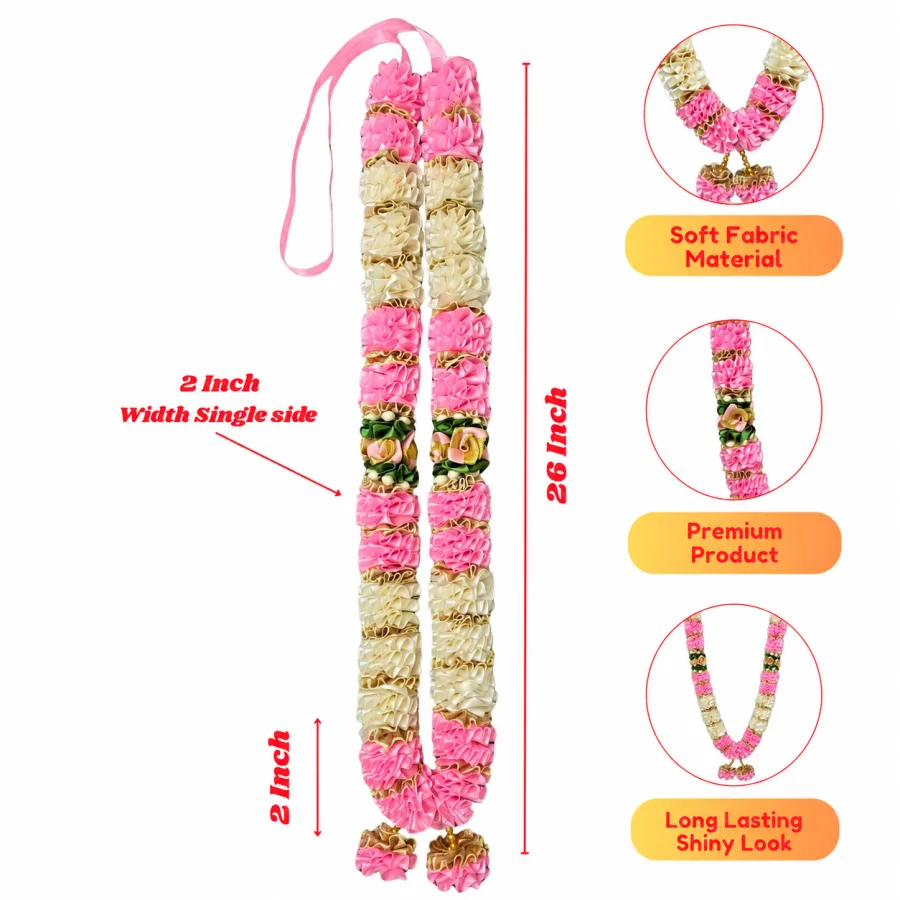 Pink Cream Satin Ribbon Mala 26 Inch Handmade Garland for Pooja Mandir Photo Frame Decoration