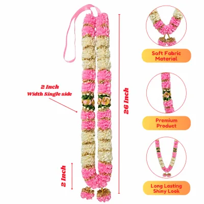 Pink Cream Satin Ribbon Mala 26 Inch Handmade Garland for Pooja Mandir Photo Frame Decoration
