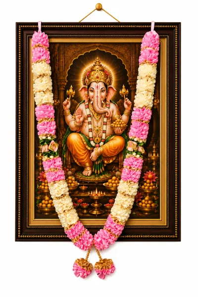 Pink Cream Satin Ribbon Mala 26 Inch Handmade Garland for Pooja Mandir Photo Frame Decoration primary image