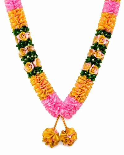 Pink Yellow Green Satin Ribbon Mala 26 Inch Handmade Rose Garland for Pooja Mandir alternate view