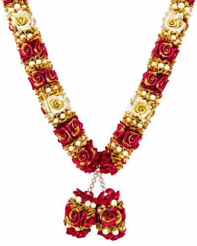 Rani Pink Gold Satin Ribbon Mala 26 Inch Handmade Rose Garland with Pearl Beads for Pooja Mandir Photo Frame Decoration alternate view