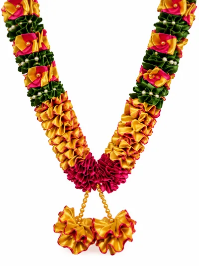Rani Pink Gold Green Satin Ribbon Mala 26 Inch Handmade Garland for Pooja Mandir Photo Frame Decoration alternate view