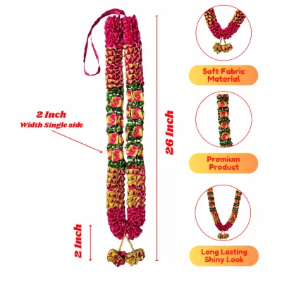 Rani Pink Gold Green Satin Ribbon Mala 26 Inch Handmade Garland for Pooja Mandir Photo Frame Decoration