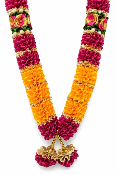 Rani Pink Orange Satin Ribbon Mala 26 Inch Handmade Garland for Pooja Mandir Photo Frame Decoration alternate view