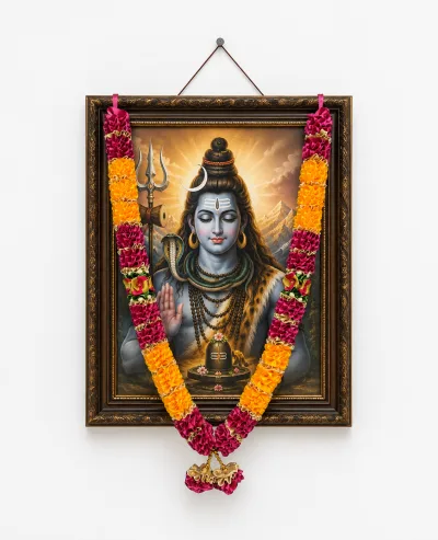 Rani Pink Orange Satin Ribbon Mala 26 Inch Handmade Garland for Pooja Mandir Photo Frame Decoration primary image