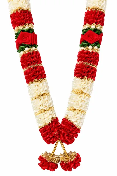 Red Cream Satin Ribbon Mala 26 Inch Handmade Garland for Pooja Mandir Photo Frame Decoration alternate view