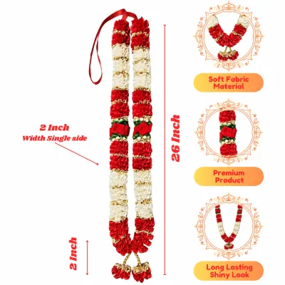 Red Cream Satin Ribbon Mala 26 Inch Handmade Garland for Pooja Mandir Photo Frame Decoration