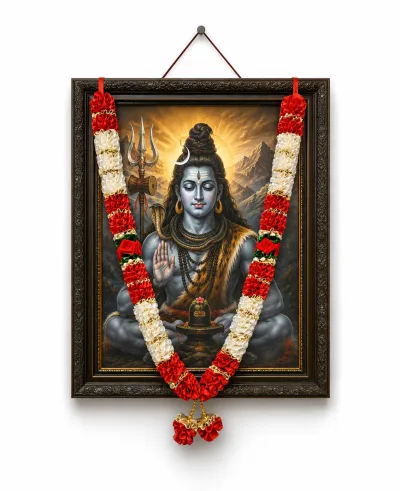 Red Cream Satin Ribbon Mala 26 Inch Handmade Garland for Pooja Mandir Photo Frame Decoration primary image
