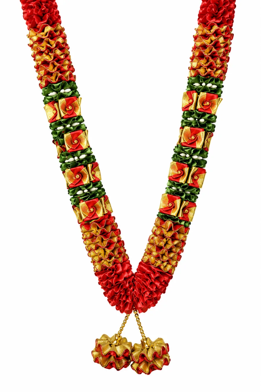 Red Gold Green Satin Ribbon Mala 26 Inch Handmade Garland for Pooja Mandir Photo Frame Decoration