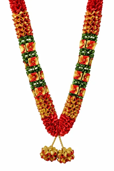 Red Gold Green Satin Ribbon Mala 26 Inch Handmade Garland for Pooja Mandir Photo Frame Decoration alternate view