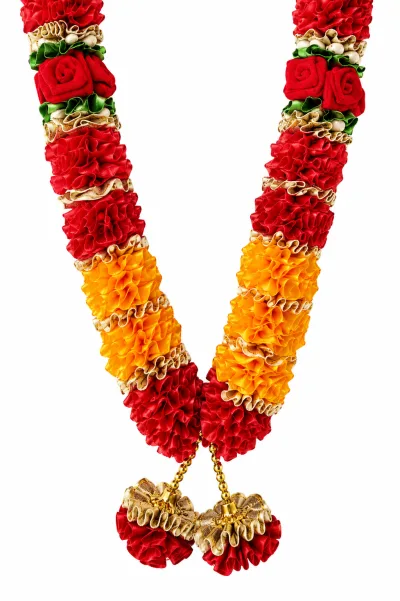 Red Orange Satin Ribbon Mala 26 Inch Handmade Garland for Pooja Mandir Photo Frame Decoration alternate view