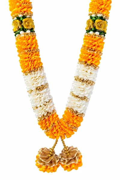 Yellow Cream Satin Ribbon Mala 26 Inch Handmade Garland for Pooja Mandir Photo Frame Decoration alternate view