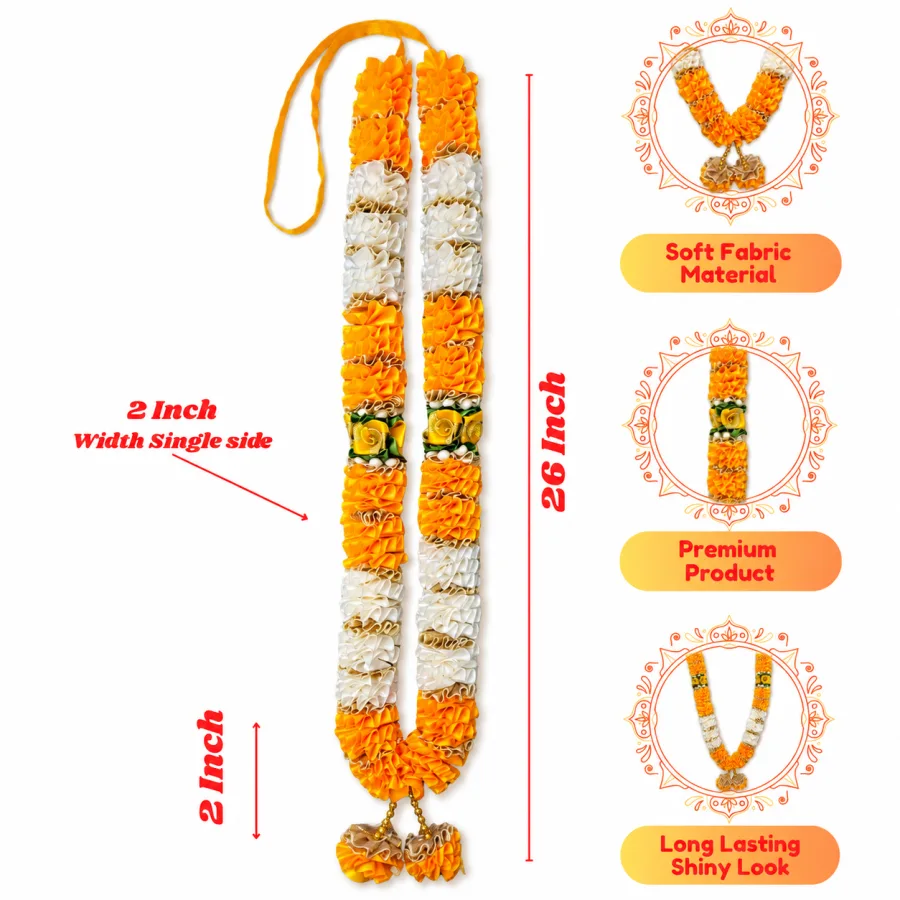 Yellow Cream Satin Ribbon Mala 26 Inch Handmade Garland for Pooja Mandir Photo Frame Decoration