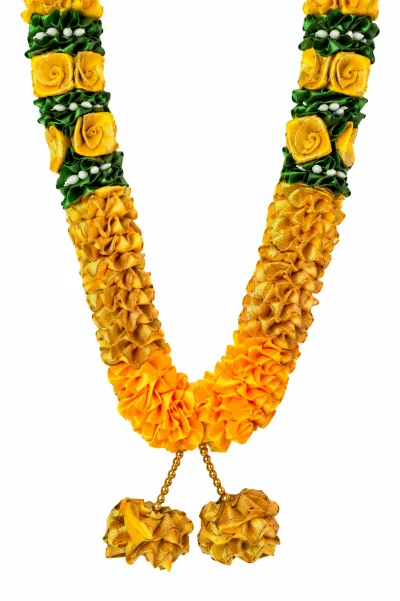 Yellow Gold Green Satin Ribbon Mala 26 Inch Handmade Rose Garland for Pooja Mandir Photo Frame Decoration alternate view