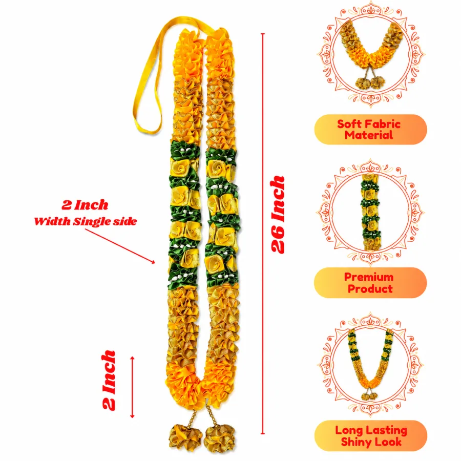 Yellow Gold Green Satin Ribbon Mala 26 Inch Handmade Rose Garland for Pooja Mandir Photo Frame Decoration