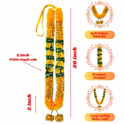 Yellow Gold Green Satin Ribbon Mala 26 Inch Handmade Rose Garland for Pooja Mandir Photo Frame Decoration